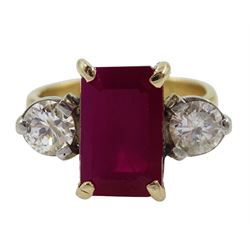 18ct gold three stone emerald cut ruby and round brilliant cut diamond ring, hallmarked, total diamond weight approx 0.90 carat