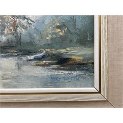 Mary Wastie (Cornish 1935-): Sunshine Over a Lake, oil on canvas signed 29cm x 44cm