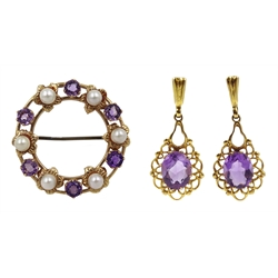 Gold amethyst and pearl circular brooch and a pair of gold amethyst pendant earrings, all hallmarked 9ct