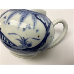 Two late 18th/early 19th century Chinese export teapots, the largest example of globular form with curved handle and straight spout, decorated in the Mandarin style with figural scenes surrounded by red scale reserves, H13.5cm, the second smaller example decorated in underglaze blue with two musicians in a landscape set with willow tree and fence, H10.5cm

