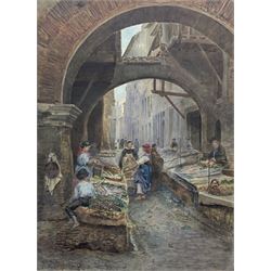 Italian School (19th century): People at the Market at 'Roma Portico D'Ottavia' (Portico of Octavia - Rome), watercolour indistinctly signed titled and dated 1878, 49cm x 37cm