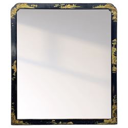 Early 20th century Chinoiserie black lacquered mirror, of rectangular form with rounded upper corners, painted in gilt with traditional landscapes, with easel style support verso 
