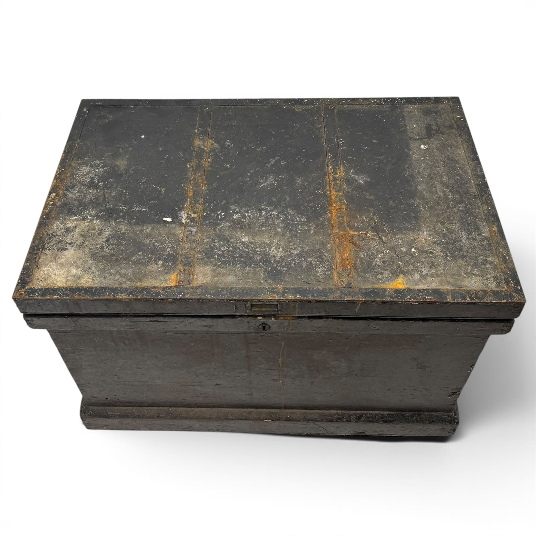20th century black painted camphorwood lined tool chest, rectangular hinged lid over moulded edge, black painted exterior with iron straps and carry handles, the interior fitted with sliding lidded trays and drawers with turned handles, containing an assortment of hand tools
