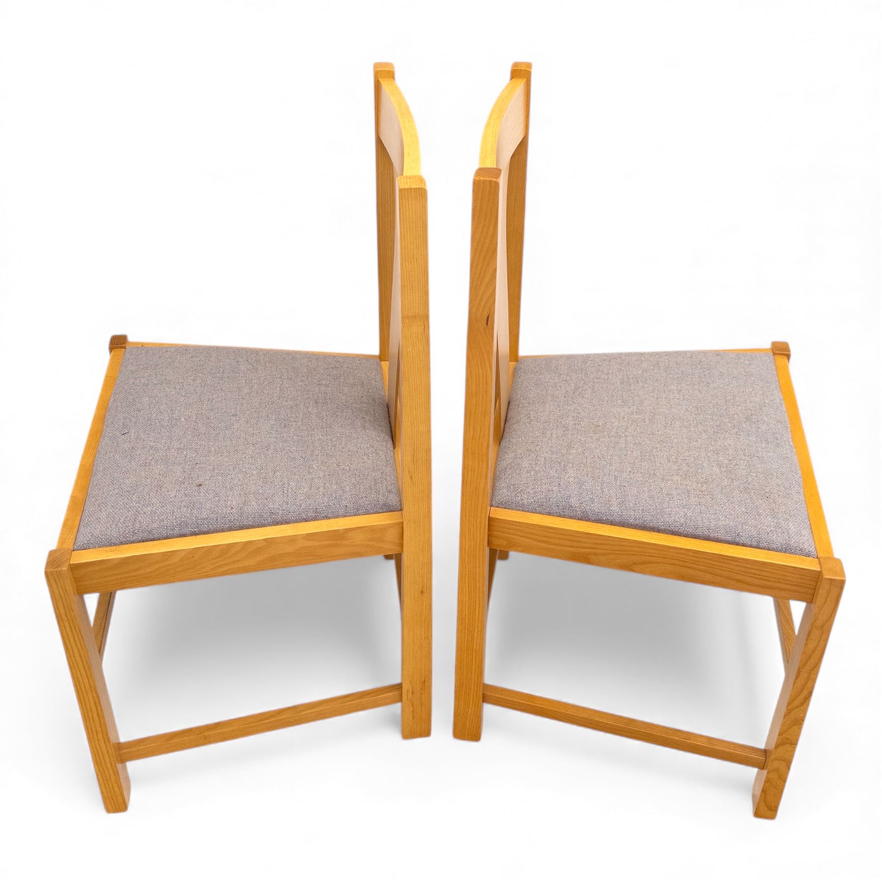 Habitat - contemporary light oak dining table, rectangular veneered top, with mitred border veneer over square section legs, with six beech upholstered chairs in grey fabric, open back with central splat, raised on square section legs, W52xD44xH88cm