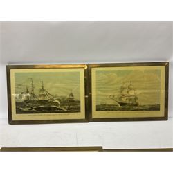 Two framed fox hunting prints, together with four framed ship prints