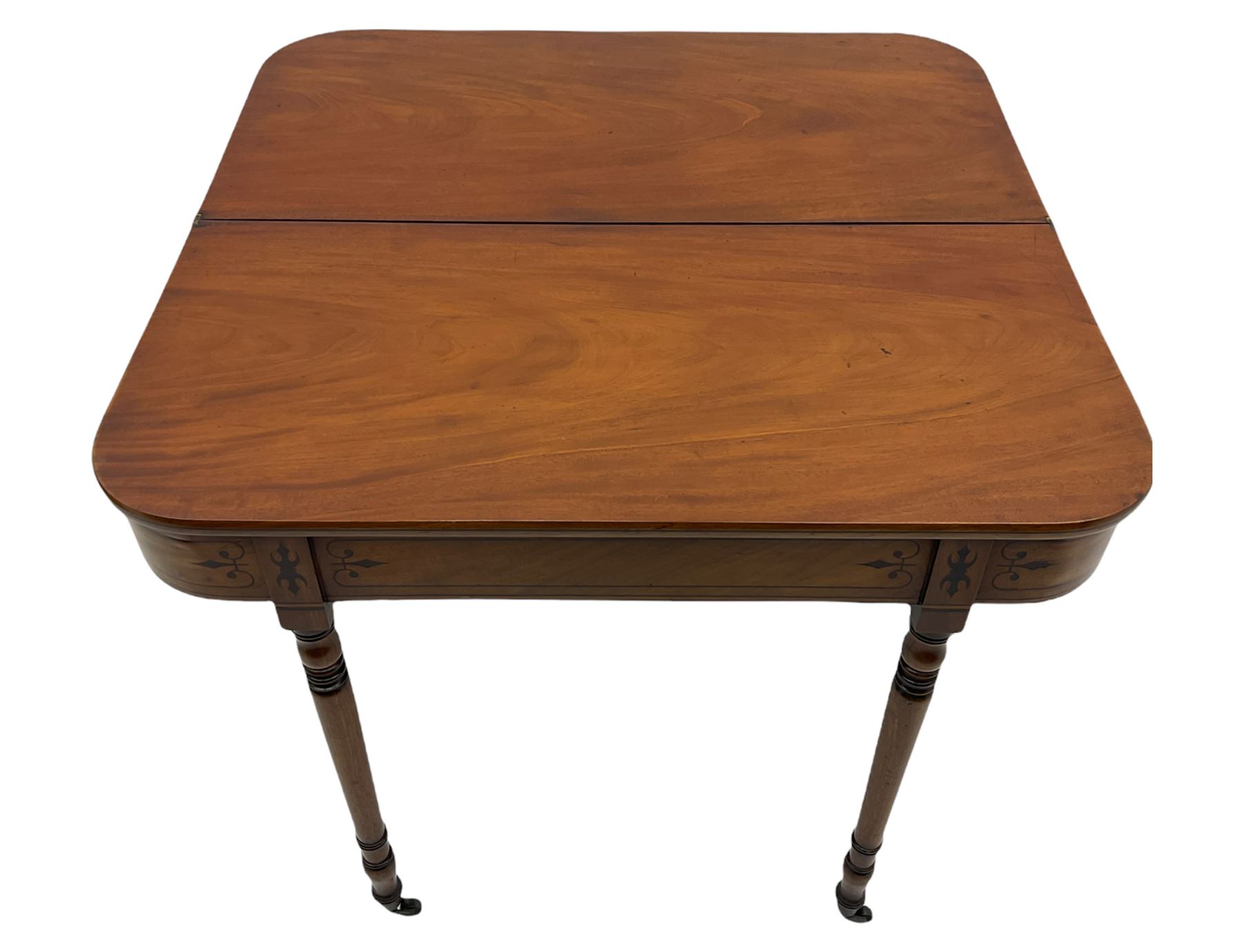 Early 19th century inlaid mahogany D-shaped tea table, fold-over top