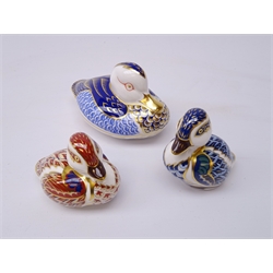  Three Royal Crown Derby paperweights, Duck dated 1987, gold stopper and two Ducklings, gold & silver stoppers (3)  