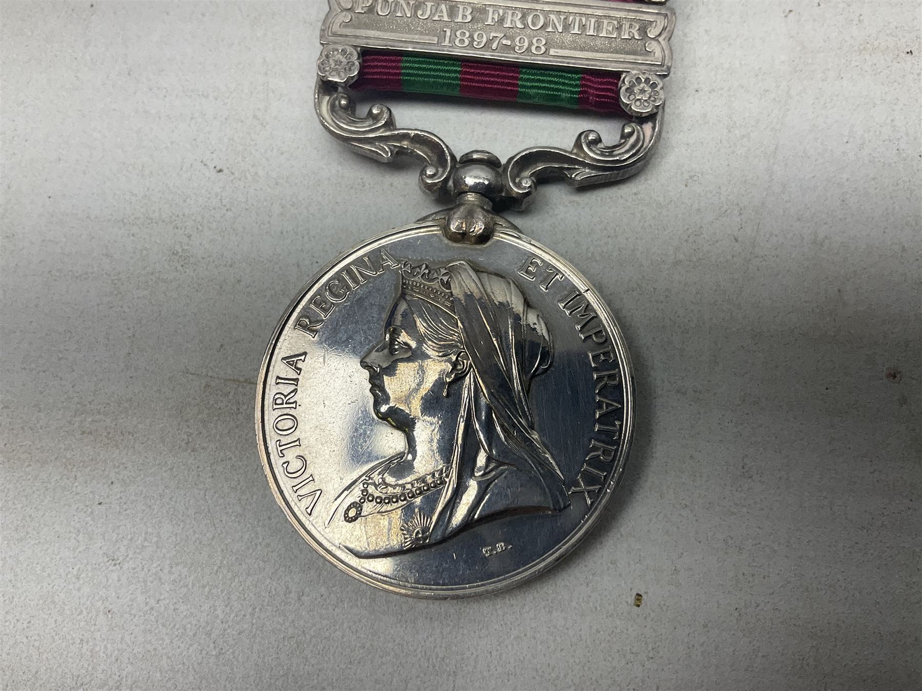 Victoria India General Service Medal with two clasps for Samana 1897 and Punjab Frontier 1897-98 awarded to 4779 Pte. A. Raeburne 2d. Bn. Ryl. Inf. Regt.; with ribbon