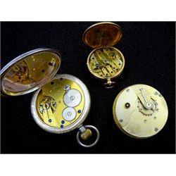 14ct gold keyless cylinder fob watch, white enamel dial with Roman numerals, back case with engraved and black enamel decoration, stamped K14, silver lever pocket watch by Alf. J. Crabe, RedcarNo. 88908, case London import marks 1909 and one other silver pocket watch, Swiss hallmark