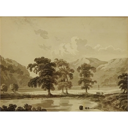  Derwent Water from North West, two early 19th century monochrome watercolours unsigned one titled verso 'London Bridge', pen and ink signed and dated (19) '83 by T Leng and Harvest Scene, print after Edmund Blampied max 19cm x 24cm (4)  