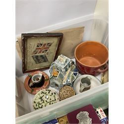 Quantity of studio pottery, painted animal figures, brass weights, games, other ceramics etc in six boxes