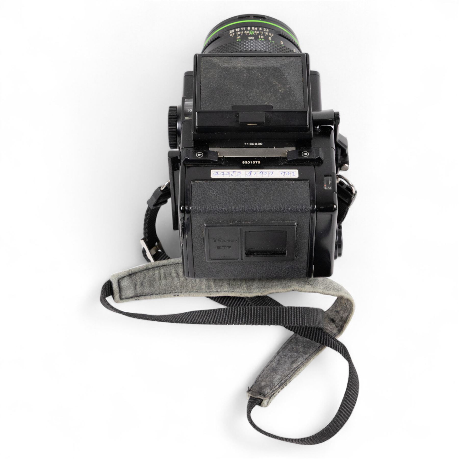 Zenza Bronica ETRS medium format camera, serial no. 8301079, with Zenza Bronica Zenzanon EII 1:2.8 f=75mm lens with lens cap, serial no. 7955198 and two film backs and instruction booklet