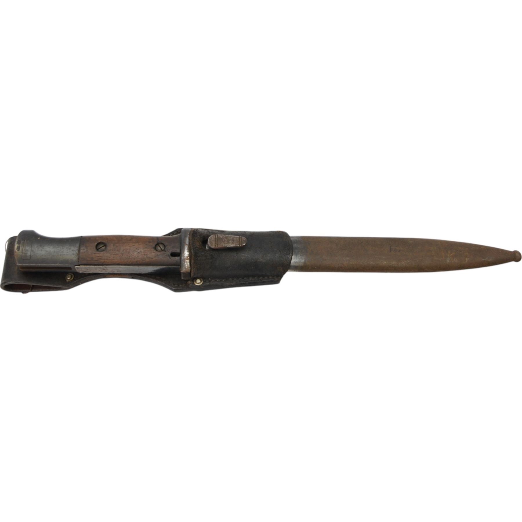 WWII German bayonet marked S/174, in scabbard, with leather frog, the frog marked H. Glemen Elberfeld 1938, together with another German bayonet and frog  