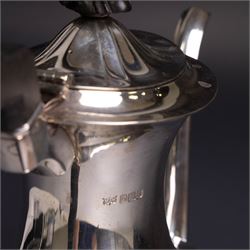 Edwardian silver coffee pot, of part fluted form with ebonised handle and finial, hallmarked Mappin & Webb Ltd, Sheffield 1908, H22cm
