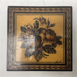 Victorian Tunbridge ware box by Edmund Nye, the hinged lid with a floral inset mosaic square panel within a border of repeating geometric mosaic pattern lifting to reveal interior lined with floral printed paper, with printed rectangular label detailed 'Edmund Nye, Manufacturer, Mount Ephraim and Parade, Tunbridge Wells' beneath, H5cm W15cm D15cm