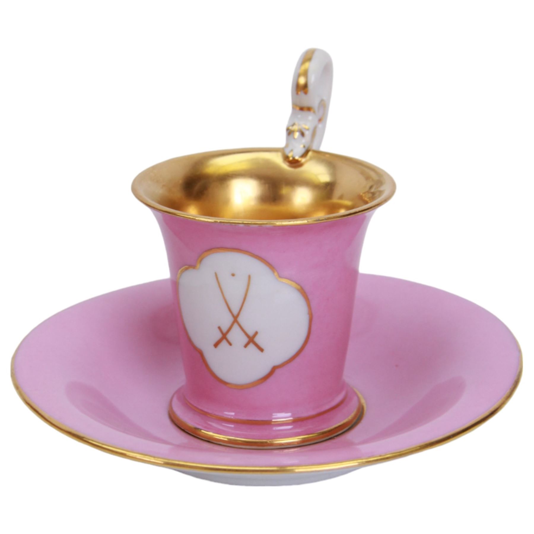 Six 20th century coffee cans and saucers, including Meissen, Royal Worcester and Dresden examples, all with internal gilt decoration