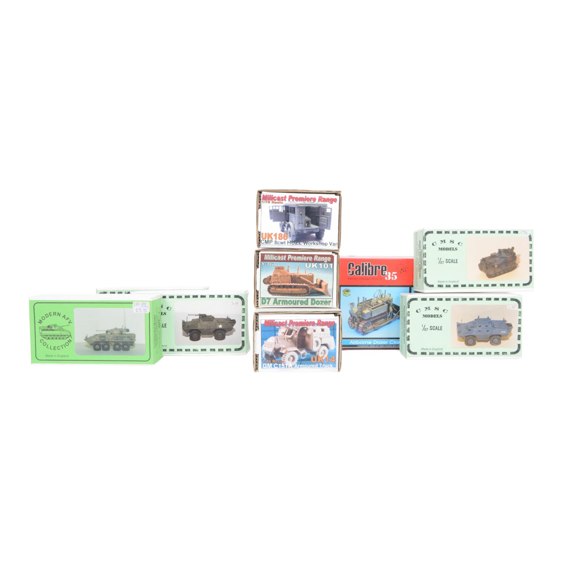 Nine military vehicle model kits, including five 1:76 and 1:87 scale Continental Model Supply Company kits, three 1:76 scale Milicast Premiere Range kits and a Calibre 35 1:35 scale Clark CA-1 Airborne Dozer kit, all boxed