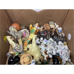 Quantity of ceramics to include Limoges egg box decorated with flowers, Limoges miniature furniture, Beswick bulldog and blue tit figures, Royal Worcester Palissy, pair of Chinese vases, Japanese tea wares, collection of thimbles, Crown Staffordshire, teawares, together with two Murano style glass clowns etc