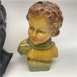 Art Deco plaster female bust, marked Arnova 353, together with a collection of wall masks 