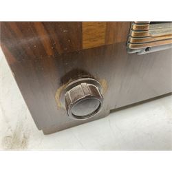 1930s Marconi model 296 valve radio, with Bakelite knobs and trim and 'M' over speaker fret, H40cm W46cm D27cm, together with 1930s Ferguson 702 valve radio with Bakelite knobs, H47cm