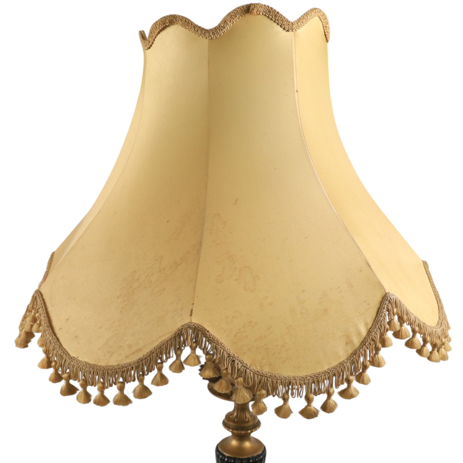 Neoclassical style table lamp, with conical stem upon a circular base, with gold lampshade with tassel trim, H82cm without shade
