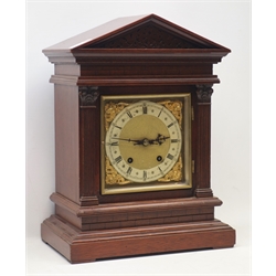  Late 19th century walnut bracket clock, in architectural case with carved frieze, square fluted column pilasters with carved capitals, gilt dial with silvered chapter ring, twin train movement stamped 'W.H' for 'Winterhalder & Hofmeier', striking the hours and quarters on coils, H42cm  