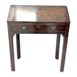 George III mahogany bureau, fall front with sliding stays, single frieze drawer, square supports with inner chamfer and outer moulded edge