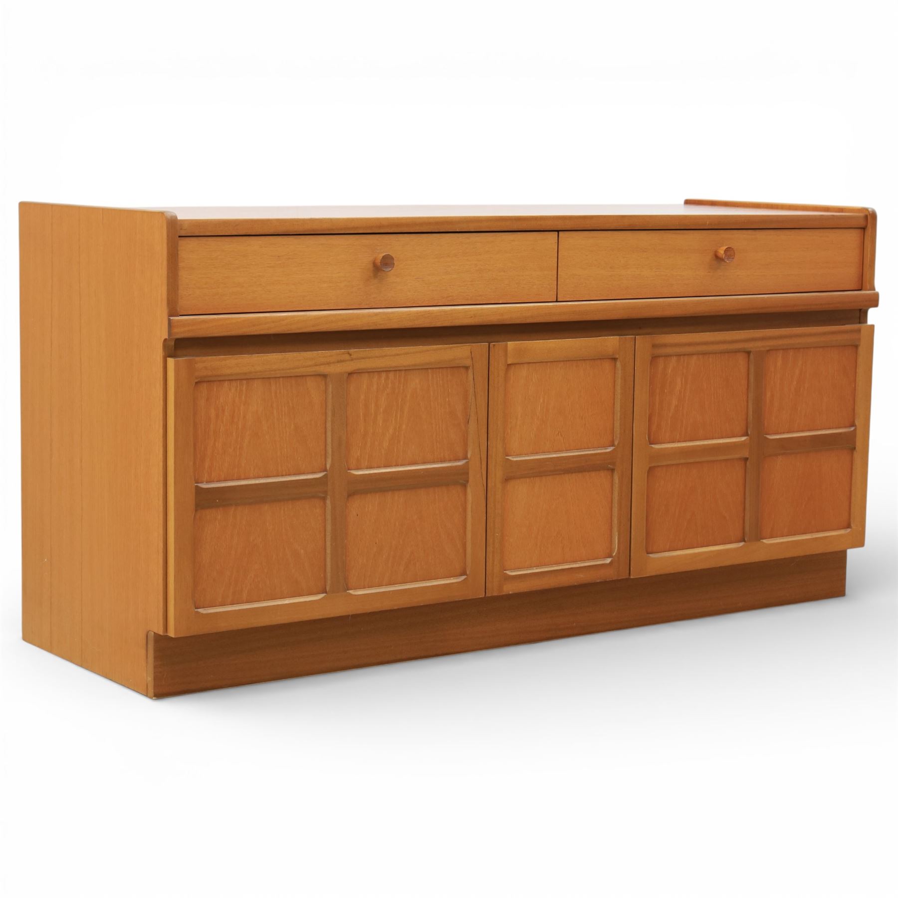 Nathan - 'Squares' low media sideboard, rectangular top over two drawers, above signature square panelled cabinet doors revealing storage for records, on a recessed base