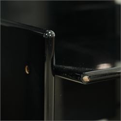 Kazuhide Takahama for Simon Gavina - set of six 1970's Italian designer black lacquered 'Kazuki' dining chairs, high slanted back over rectangular seats and broad panelled side supports, labelled to underside