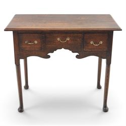 18th century oak lowboy, rectangular plank top with moulded edge, above three assorted dra...
