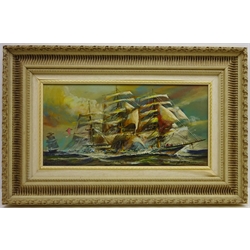  Sailing Vessels at Sea, 20th century oil on canvas signed by Hermann Conrad 29.5cm x 59.5cm  