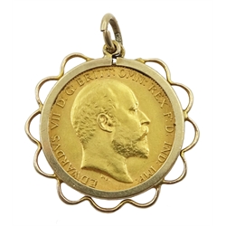 1910 gold half sovereign, loose mounted in 9ct gold mount hallmarked