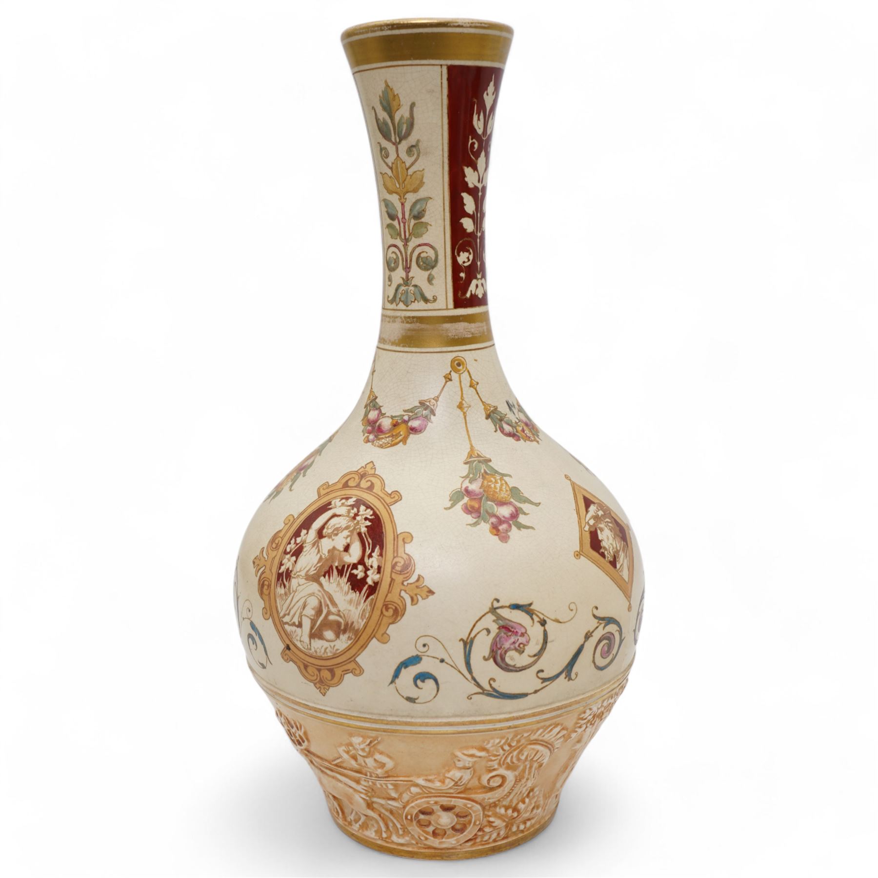 Wedgwood Persian vase by Thomas Allen, of baluster form with elongated neck, decorated to the base with embossed scenes of elephants and chariots, the body with painted over printed designs, impressed marks to base, H34cm 