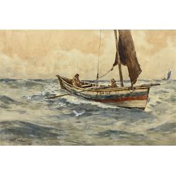 Ernest Dade (Staithes Group 1864-1934): Scarborough Coble SH120 in Open Seas, watercolour laid on canvas signed, original John Linn of Scarborough framer's label verso 50cm x 75cm