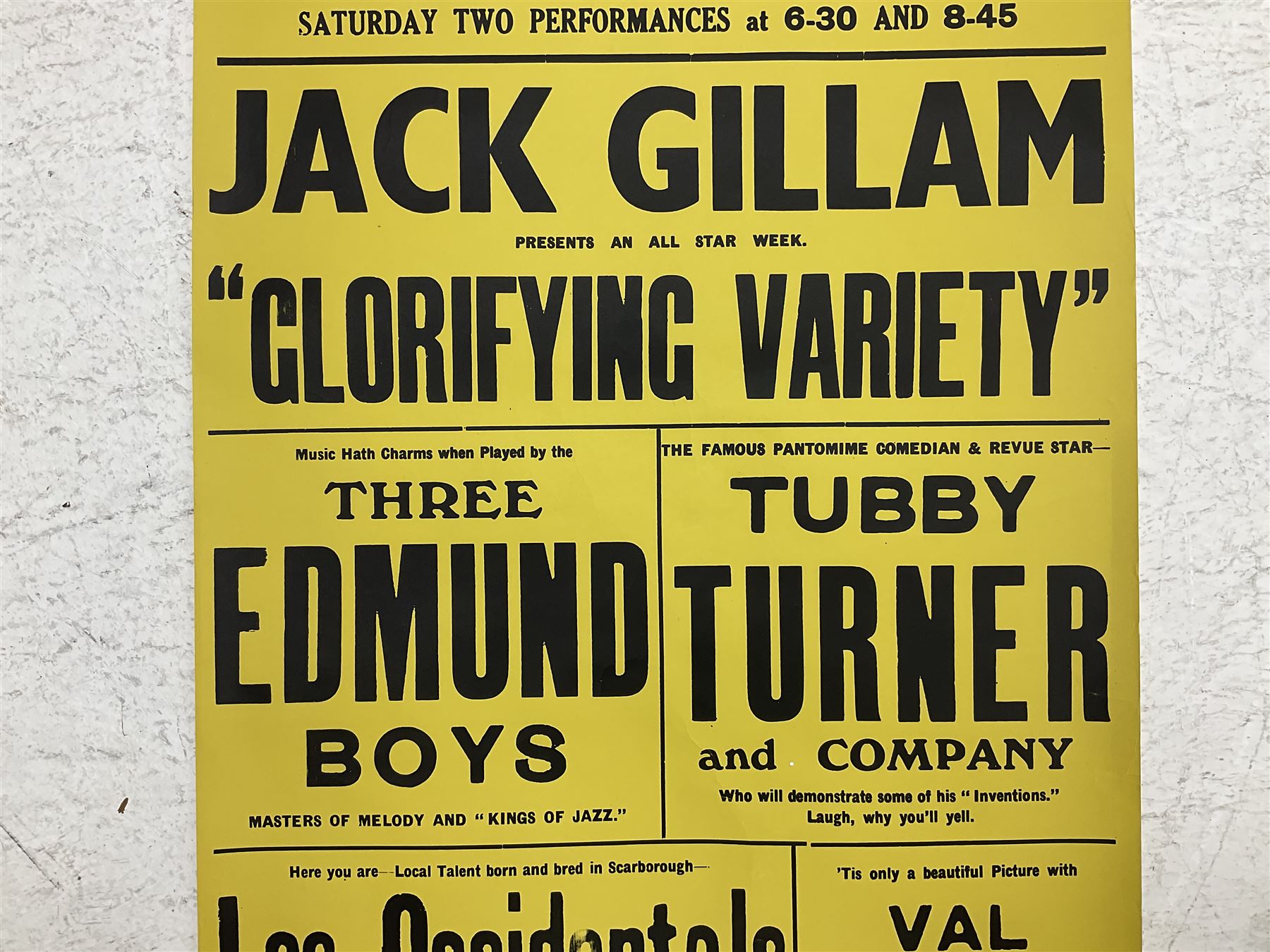 Grand Opera House Scarborough Poster November 4th 1935, black on a yellow ground, printed by E.T.W. Dennis & Sons Ltd, Printing House Square, Scarborough, unframed and rolled 125cm x 50cm