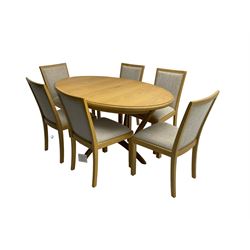Contemporary light oak oval extending dining table, shaped X-frame base (W160cm D102cm); and set of six light oak dining chairs, back and seat upholstered in textured pebble cream fabric (W50cm H90cm)