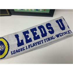 Leeds United football club - football association challenge cup competition final Saturday 11th April 1970 Chelsea vs Leeds United at Wembley programme, football association charity shield Saturday 10th August 1974 Leeds United vs Liverpool programme, various supporters pin badges, scarf for the league 1 playoff final Wembley stadium 25th May 2008, Danbury Mint 'Great Moments in the History of Leeds United' leather bound collectors edition, various used home game tickets etc