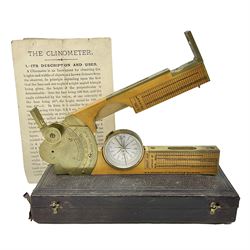 Late 19th/early 20th century boxwood and brass clinometer rule by Stanley, with inset magnetic compass, screw action protractor hinge divided to one degree with rise in inches per yard scale under, spirit level to one edge, marked 'W.F. Stanley Great Turnstile Holborn' with tables of distances, angles and thickness H16cm closed: in original leather covered case with instructions
