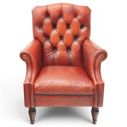 Laura Ashely - Georgian design Chesterfield style armchair, upholstered in back-buttoned crimson leather, on turned front supports