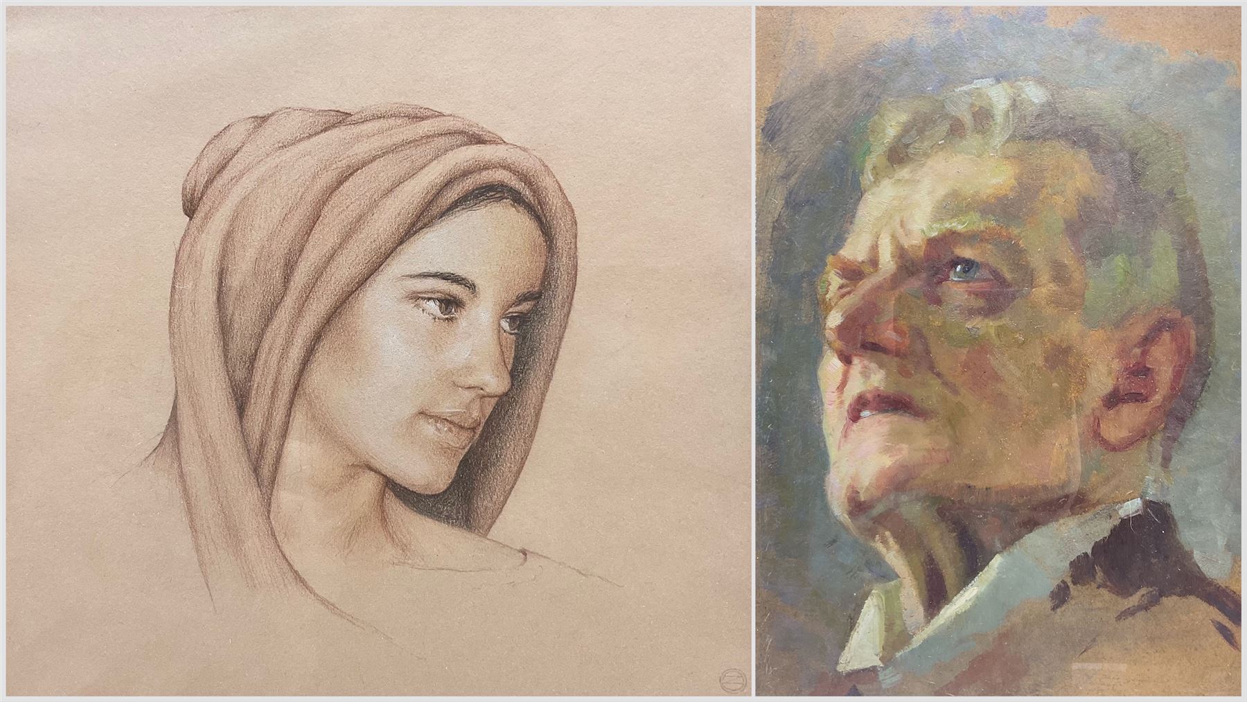 Hedwig Brecher Eibuschitz (Austrian 1880-1959): Portrait of a Man, oil on board unsigned, titled verso 42cm x 30cm; Continental School (20th Century): Portrait of Lady with Headscarf, pencil sketch signed with monogram 18cm x 19cm (2)