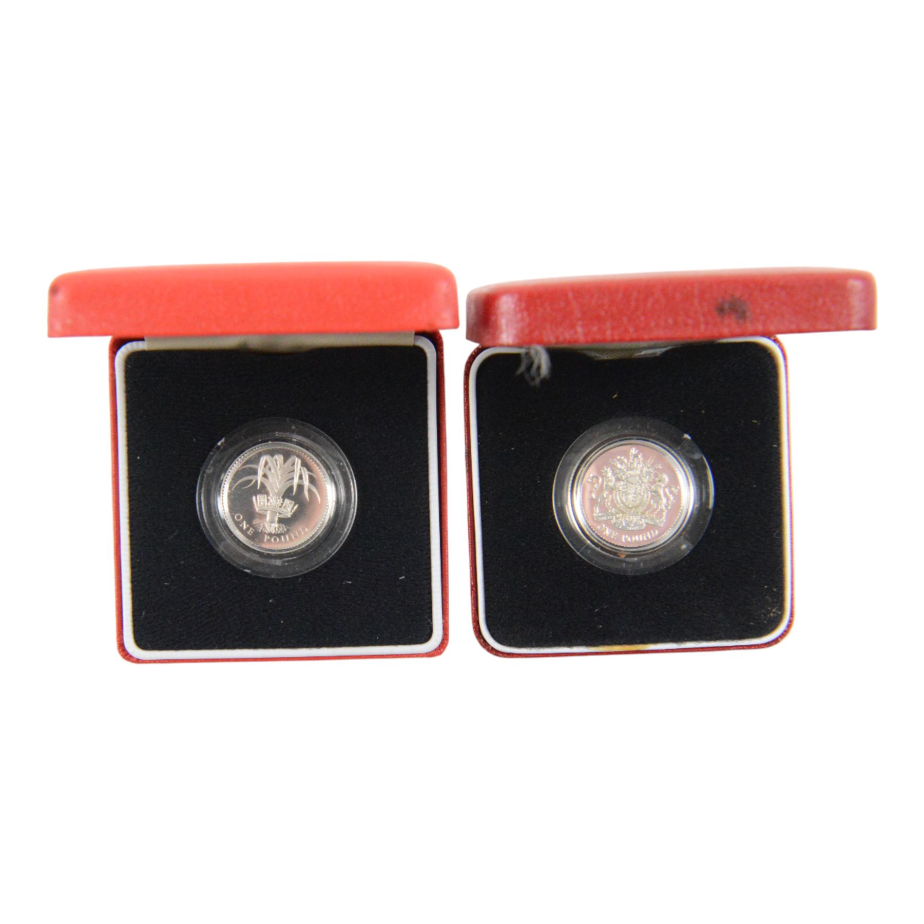 Sixteen The Royal Mint United Kingdom silver proof one pound coins, comprising 1983 (2), 1983 piedfort, 1984 piedfort, 1985 piedfort, 1986 piedfort, 1987 piedfort, 1988 (2), 1988 piedfort, 1989 (2), 1989 piedfort, 1990, 1991, and 1993 piedfort, cased with certificates