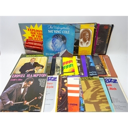  Jazz vinyl LP's including Greatest Hits of the Swing Era, Billy May,   A Taste of Jazz, Modern Jazz Quartet, Oscar Peterson sings Nat King Cole, The Best of Basie and other LP's in one box (50)  