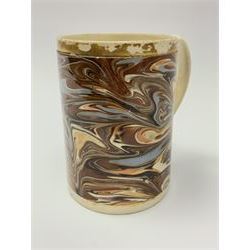 Late 18th century earthenware mug, possibly Ralph Wedgwood, Burslem or Ferrybridge, with surface marbled decoration and later gilt detail to rims and handle, impressed beneath Wedgwood & Co, H12cm