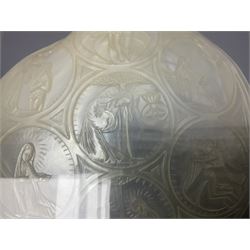 Mother of pearl shell, carved with religious scenes, in wooden frame, frame H29cm