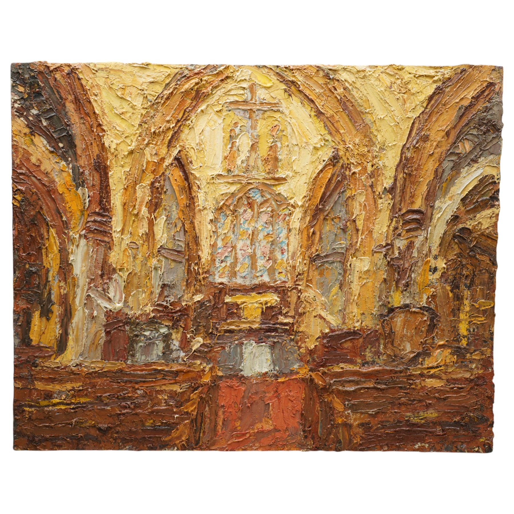 Barry De More (Yorkshire 1948-2023): 'Church Interior', oil and impasto on board signed and titled verso 25cm x 31cm