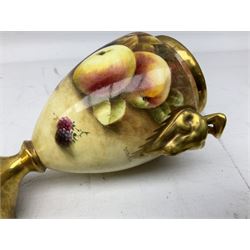 Coalport vase and cover with twin gilt rams head handles, hand painted by Richard Budd with a study of fruit upon a mossy ground, signed, with printed marks beneath, H17.5cm