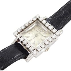 Jaeger-LeCoultre ladies 18ct white gold diamond manual wind wristwatch, back case No. 755841, square silvered dial with round brilliant cut diamond bezel and single cut diamond set lugs, crown wound from back case, on black leather strap, with 18ct white gold buckle, stamped 750, total diamond weight approx 0.70 carat