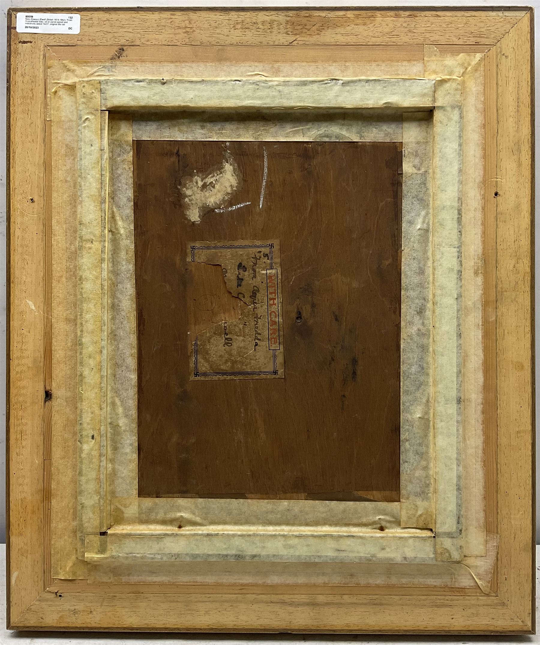 Mary Dawson Elwell (British 1874-1952): 'From Acquafredda' Italy, oil on panel signed and indistinctly dated 1923?, original title label verso 34cm x 26cm