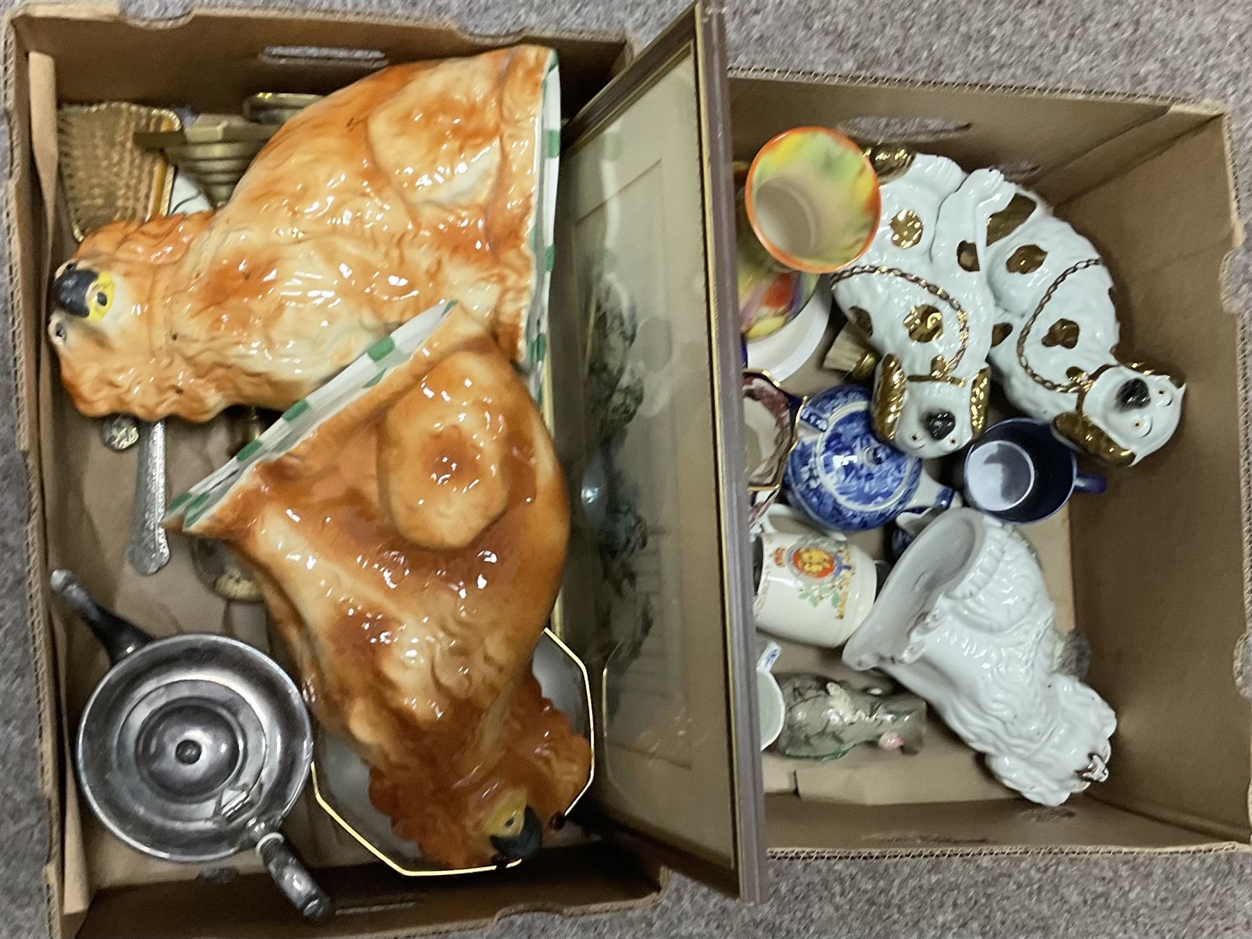 Pair of Staffordshire style dogs, with lustre details, together with another pair, Mason jug, metalware and other collectables, in two boxes  