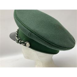 Five reproduction German WW2 hats comprising Wehrmacht olive tropical helmet, Heer officer's peaked cap, two M43 caps and Field side cap (5)